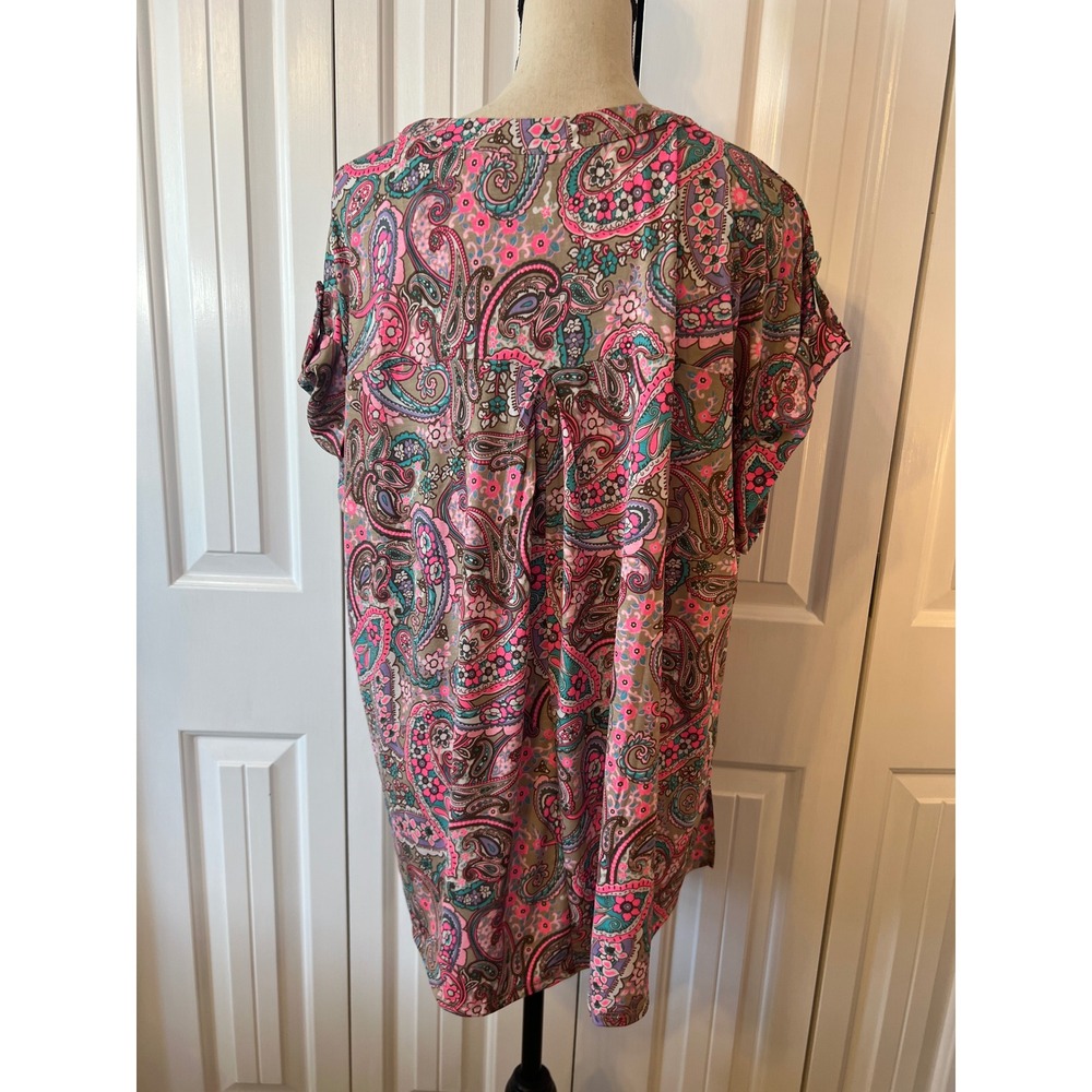 Dear Scarlett Paisley Print Tunic Top XL Pink Teal Short Sleeve LIZSS-C0045P - Picture 3 of 8